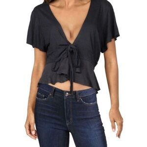 We The Free Free People Womens Knot Me Black Tie
Front Peplum Wrap Top Shirt